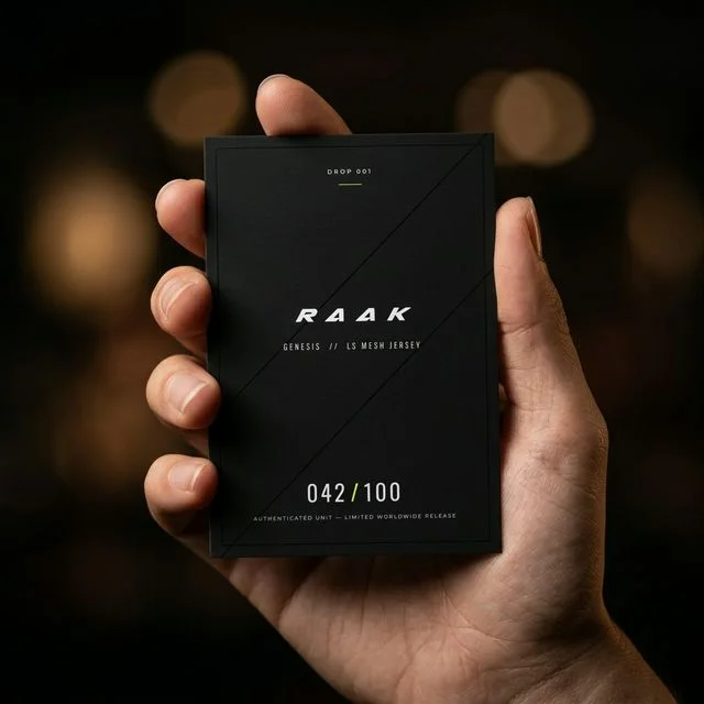 RAAK Insert Card — Front: Edition number, drop code, and product name